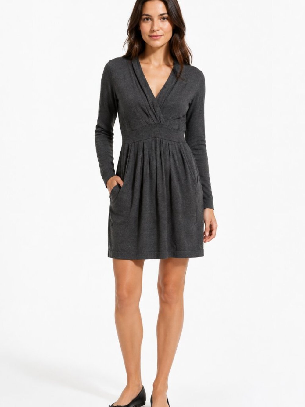 BCBGMAXAZRIA 100% Merino Wool Charcoal Gray Surplice Sweater Dress Size M